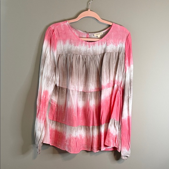 ODDI Women’s Pink and Gray Tie-Dye Ruffle Blouse Long Sleeve Large - Picture 1 of 8